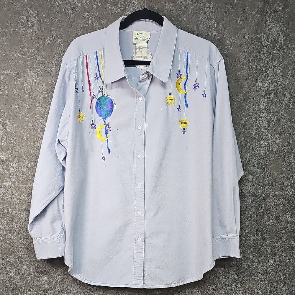 Quacker Factory Celestial Embroidered Shirt, Chambray Blue, Size 2X *Flaw, Read*